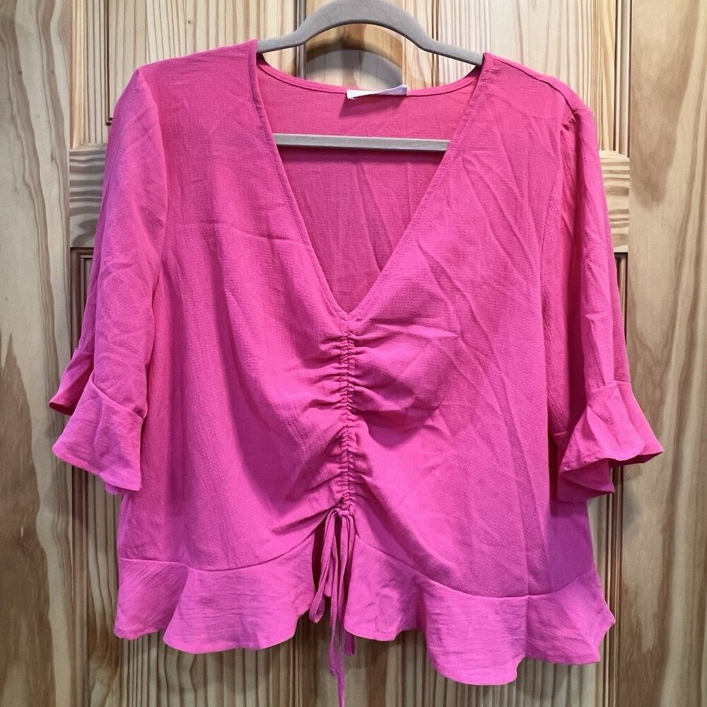 Elodie Hot Pink V-Neck Ruched Front Blouse Ruffle Sleeve Top New With Tags Large